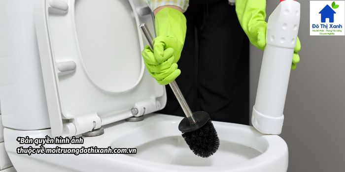 Dùng bàn chải cứng để tiến hành thông bồn cầu.