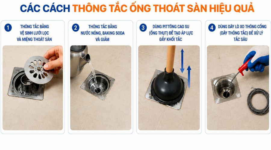 Cách thông tắc ống thoát sàn hiệu quả không cần thợ