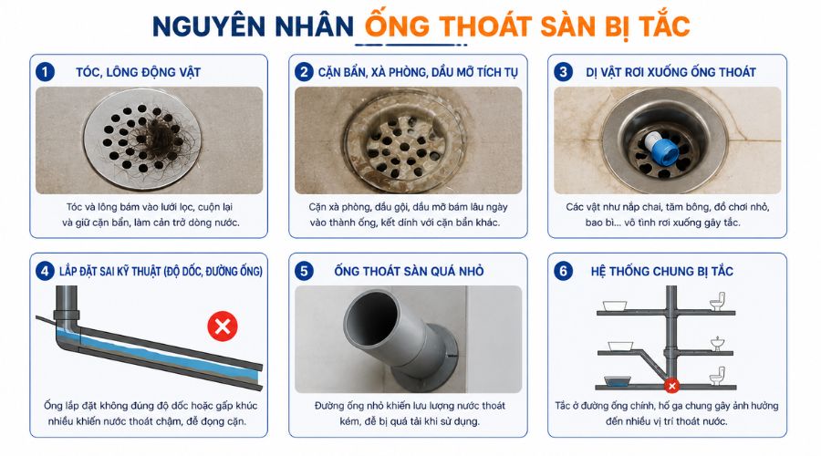 nguyên nhân khiến ống thoát sàn bị tắc