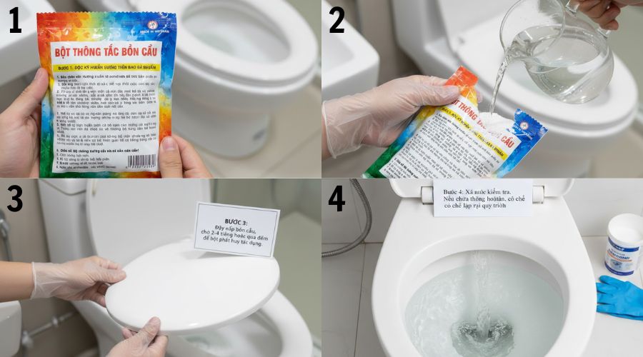 Cách thông tắc toa lét bằng  bột thông tắc chuyên dụng