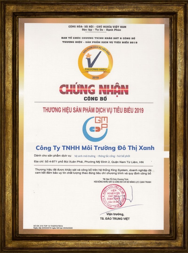 chứng nhận dịch vụ thông bồn cầu môi trường đô thị xanh